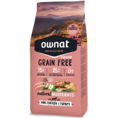 Натурална суха храна Ownat Grain Free PRIME MINI CHICKEN & TURKEY  - БЕЗ зърнени култури, с 75% качествено месо, пиле и пуйка, за пораснали кучета от малките породи